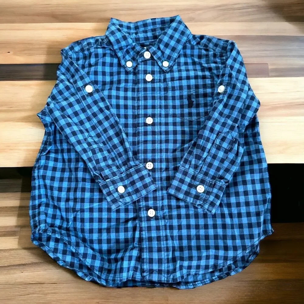 Ralph Lauren Boys Shirt Sz 12 Mo Dark Light Blue Check Long Sleeve‎ Button Down